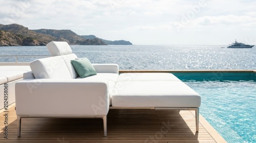 Luxury modular sofa on a yacht sundeck by the pool with seafoam cushion, perfect for coastal lifestyle branding