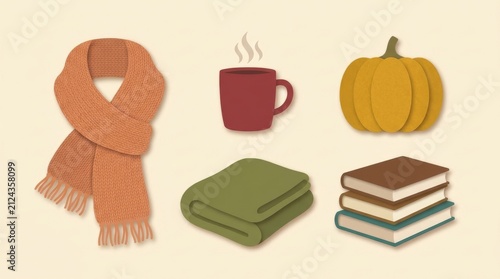 Flat fall comfort objects with scarf, hot mug, pumpkin, blanket and book on light background. Seasonal autumn illustration representing cozy weather and leisure time. Cozy home atmosphere.