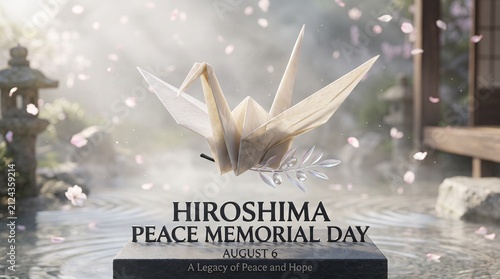 Origami crane holding olive branch. Paper bird symbol of peace and hope.