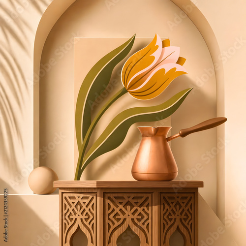 Turkish Tulip motif, A copper turk and a stylized tulip on a carved wooden table are an oriental minimalistic still life in beige tones.