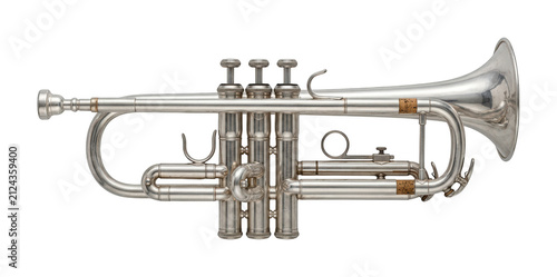 Polished silver trumpet png Shiny metallic trumpet cutout Classic orchestral trumpet png Professional wind trumpet cutout Vintage silver isolated transparent background image