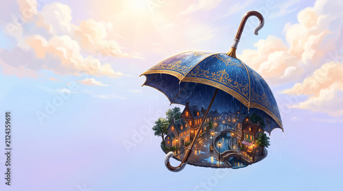 Surreal illustration of a single elegant umbrella floating against a clean pastel sky, beneath the umbrella exists a tiny rainy world with miniature streets 