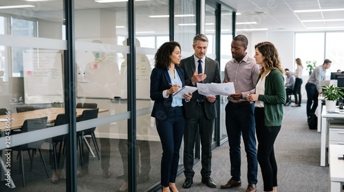 Diverse business team collaborating on documents in modern office meeting room
