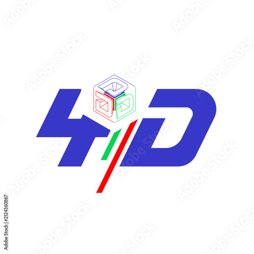Abstract 3D isometric cube logo icon with 4D tech text elements