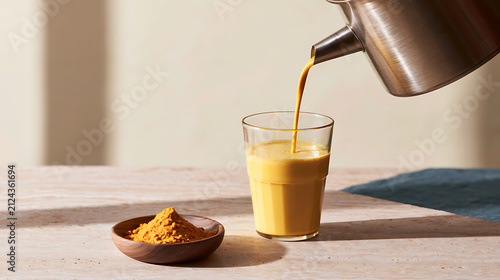 Golden milk pour into glass with spice powder. Warm, healthful beverage preparation on wooden table with natural light and shadow
