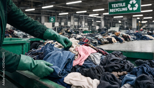 Medium shot of a worker wearing green industrial gloves sorting through piles of used clothing on a conveyor table at a textile recycling facility under fluorescent lighting