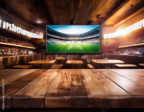 wooden table top in a sports bar with a blurred background featuring a tv screen displaying a soccer match and warm ambient lighting ai generative