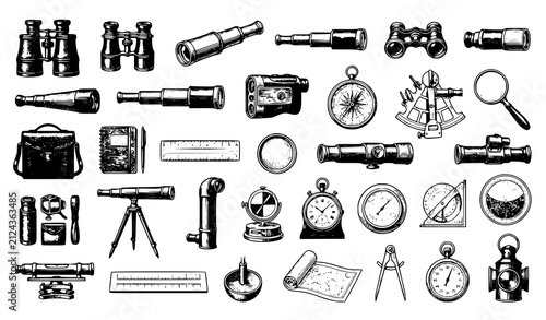 Bild auf Leinwand Antique Optical Instruments and Explorer Gear Engraved Vector Set
