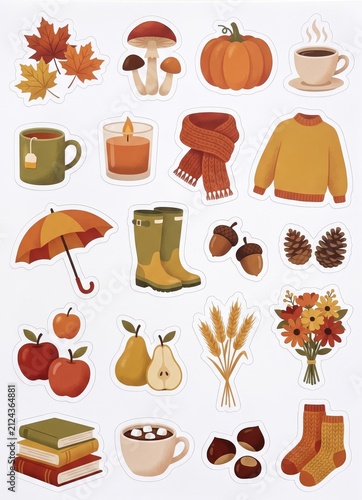 Modern autumn sticker pack with cute seasonal elements. Maple leaf, mushroom, pumpkin, tea cup, candle, knitted sweater, umbrella, rain boot and apple illustration for decoration.