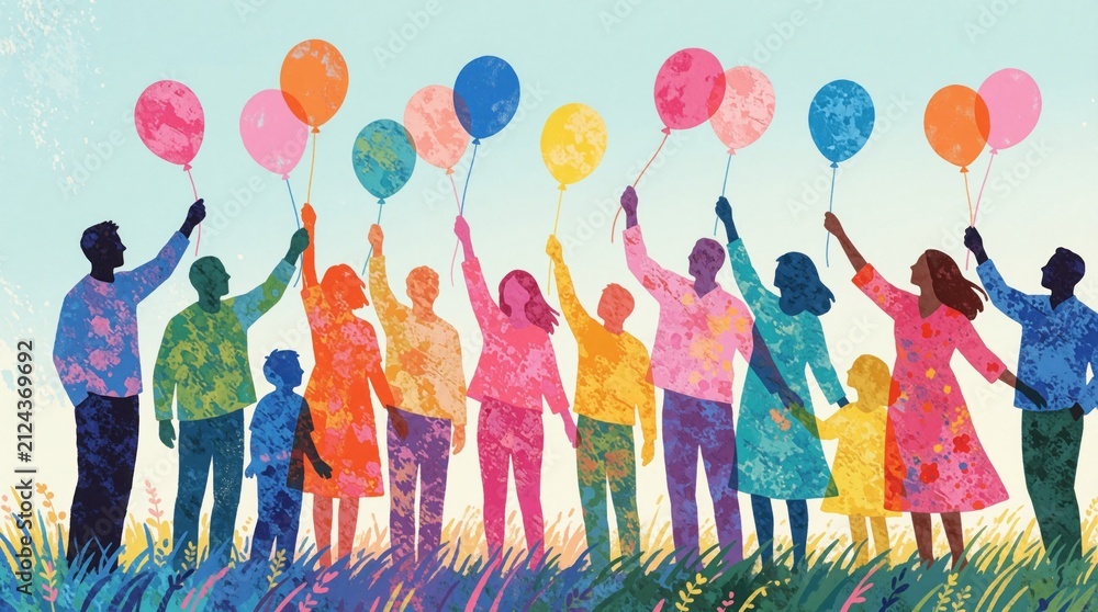 Obraz premium Group of diverse people holding colorful balloons stands in grassy field. Men women, children celebrate life together outdoors under bright sky. Colorful illustration represents unity happiness,