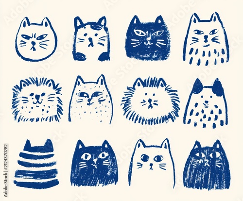 Set of handdrawn cat faces in blue ink, whimsical feline portraits with various expressions and patterns