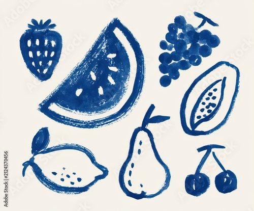 Set of handdrawn blue fruit illustrations including strawberry, watermelon, grapes, papaya, lemon, pear, and cherries