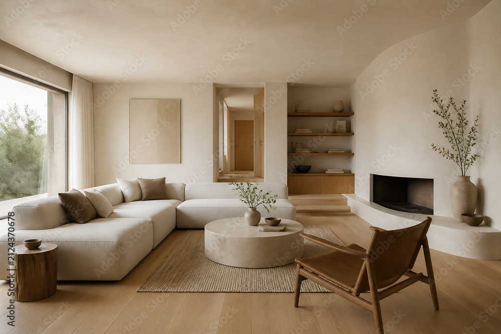 Obraz premium A bright, minimalist living room with a white sofa, wooden floors, and a fireplace.