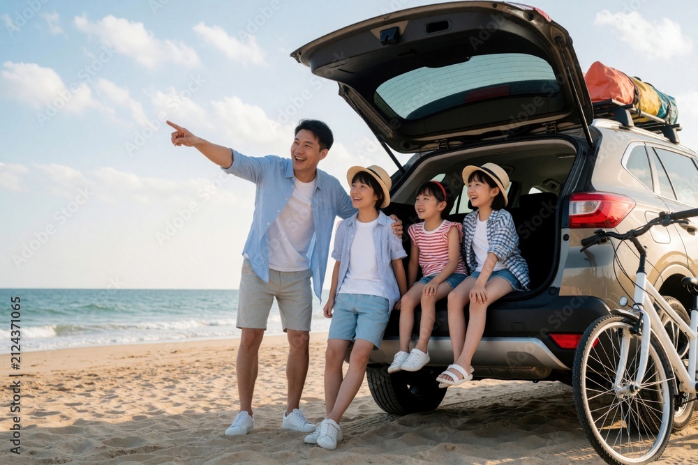 Fototapeta premium Happy Asian father points at sea for three children sitting in open trunk of car on beach. Family on summer road trip vacation enjoys ocean view at coast. People wear hats, casual clothes near bike
