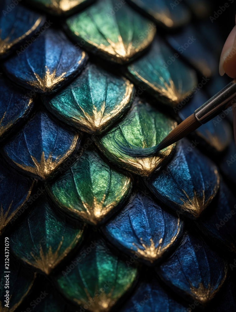 Fototapeta premium Artist hand paints golden details on dragon scales using thin brush. Close up view shows iridescent blue, emerald green skin texture with metallic paint finish. Craft work displays fantasy reptile