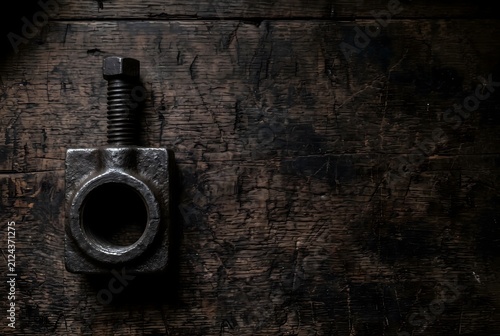 Vintage heavy cast iron pipe clamp jaw on dark wooden workbench with copy space