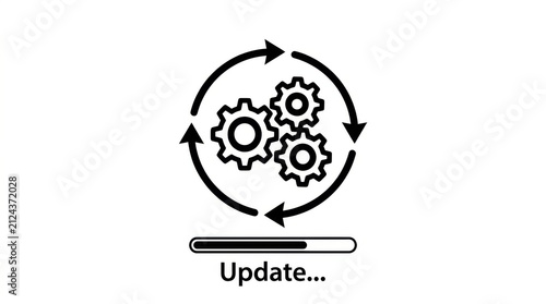 Interlocking gears with circular arrows and progress bar flat icon style cogwheels toothed wheels mechanical rotating cyclic circle loading update vector monochrome black