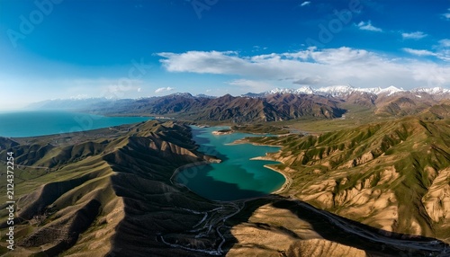 vast landscapes of mountains lakes and rivers unfold in a breathtaking aerial view of the rugged region around the caspian sea