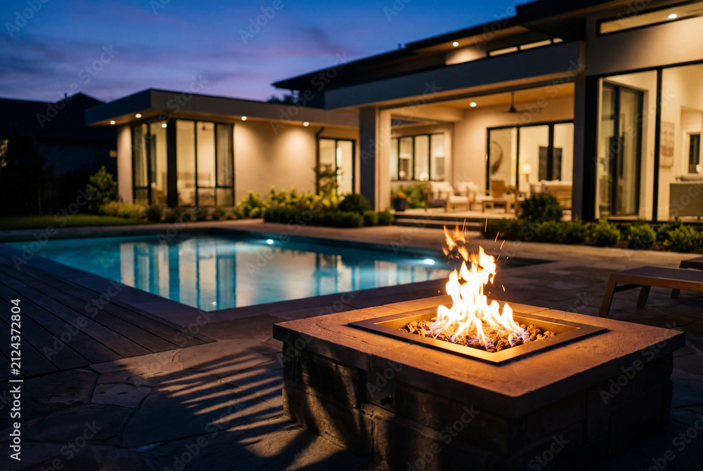 Fototapeta premium Modern backyard fire pit and swimming pool at luxury house