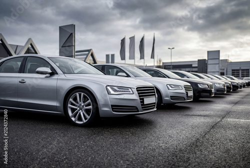 Row of new luxury sedan cars parked at dealership lot