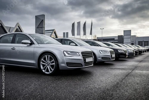 Obraz  z motywem Row of new luxury sedan cars parked at dealership lot