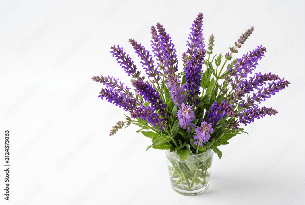 Obraz premium Vibrant purple meadow sage blossoms arranged inside a simple clear glass water vase