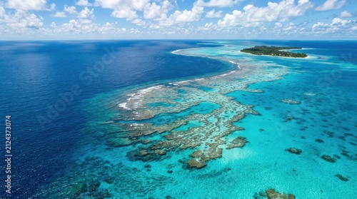Coral reef and tropical island aerial photo with turquoise water and blue sky view atoll barrier coastal formation garden crystal clear deep sea