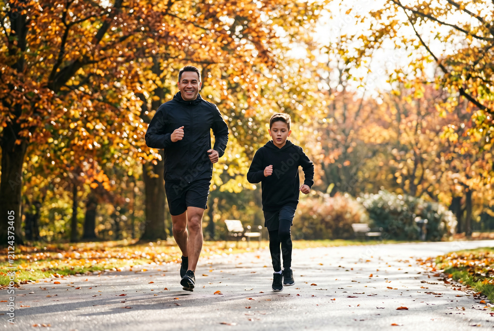 Obraz premium Fit father and young son jogging together in beautiful autumn park