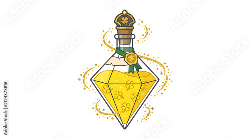 Magical diamondshaped glass bottle with yellow clover elixir and golden sparkles transparent background