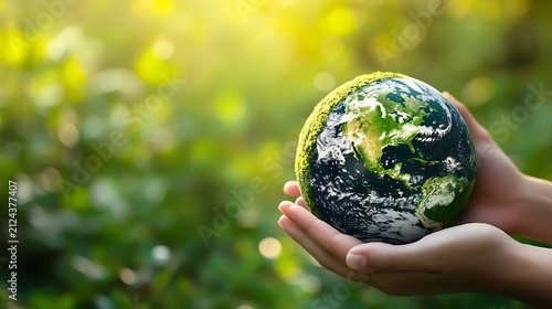 Hands holding a moss-covered earth globe against a soft green forest background, environmental conservation concept.