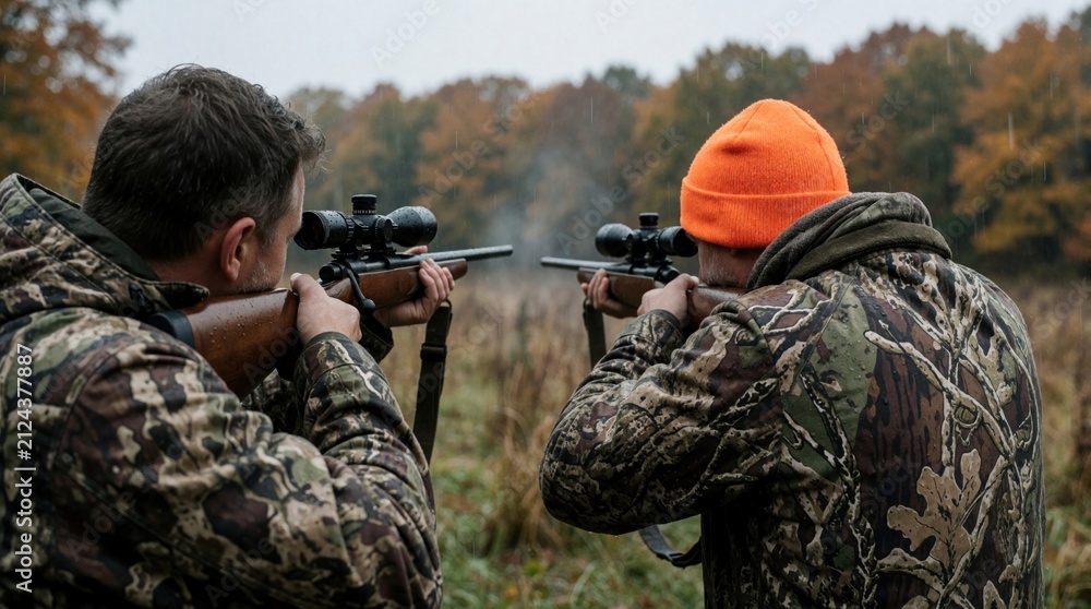Obraz premium Two men in camo jackets hold rifles with scopes in autumn woods. Hunters aim at target outdoors during rainy weather. Sportsmen in forest prepare for shooting practice. Male characters wearing