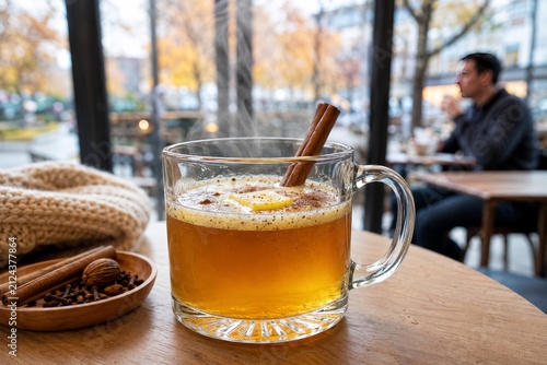 Caliente bebida de ron con especias en un café durante un día otoñal
