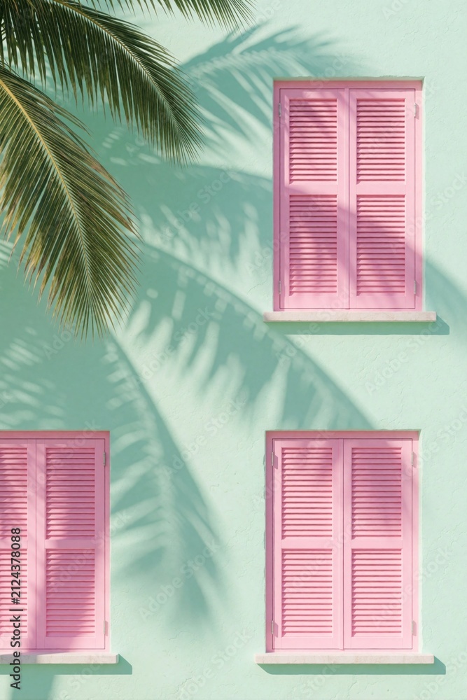 Fototapeta premium Pastel mint wall with pink shuttered windows casting shadows. Palm leaves create abstract patterns on textured facade. Sunny day, tropical vibe, vacation mood.