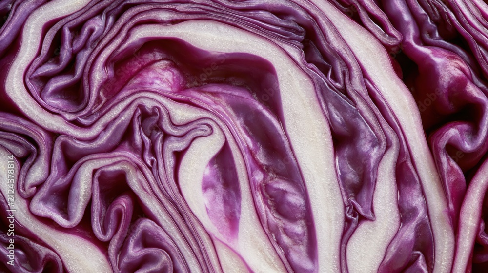Obraz premium Macro shot of a sliced red cabbage showing internal patterns and designs of white and purple veins