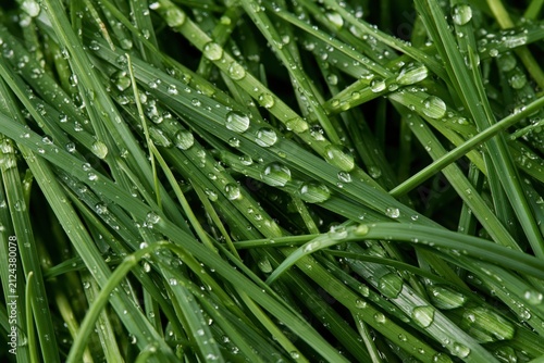 Vibrant green chive patch with morning dew captured in a top-down macro view