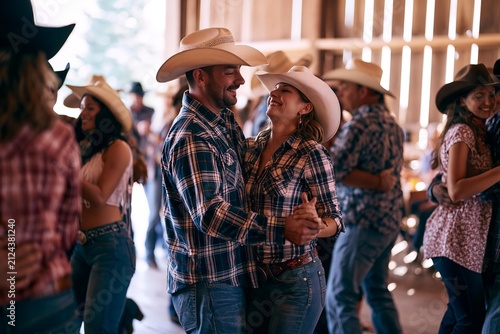Couple dancing in a barn at a country western event