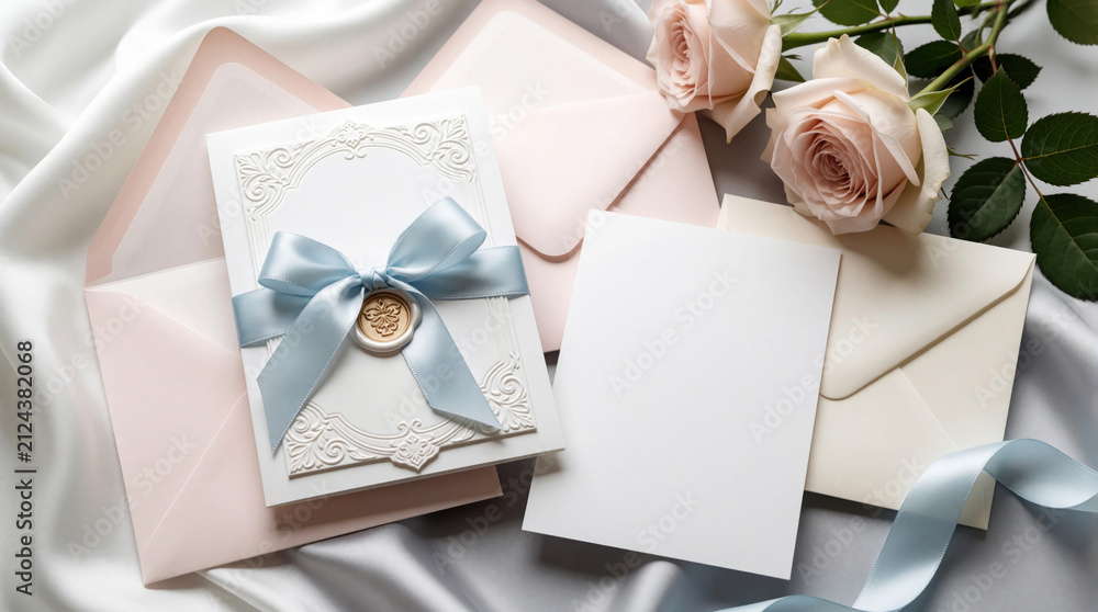 Obraz premium Elegant wedding invitation cards with pastel stationery, silk ribbon. Floral arrangement features delicate roses on soft fabric background. Meticulous design includes wax seal, luxury paper