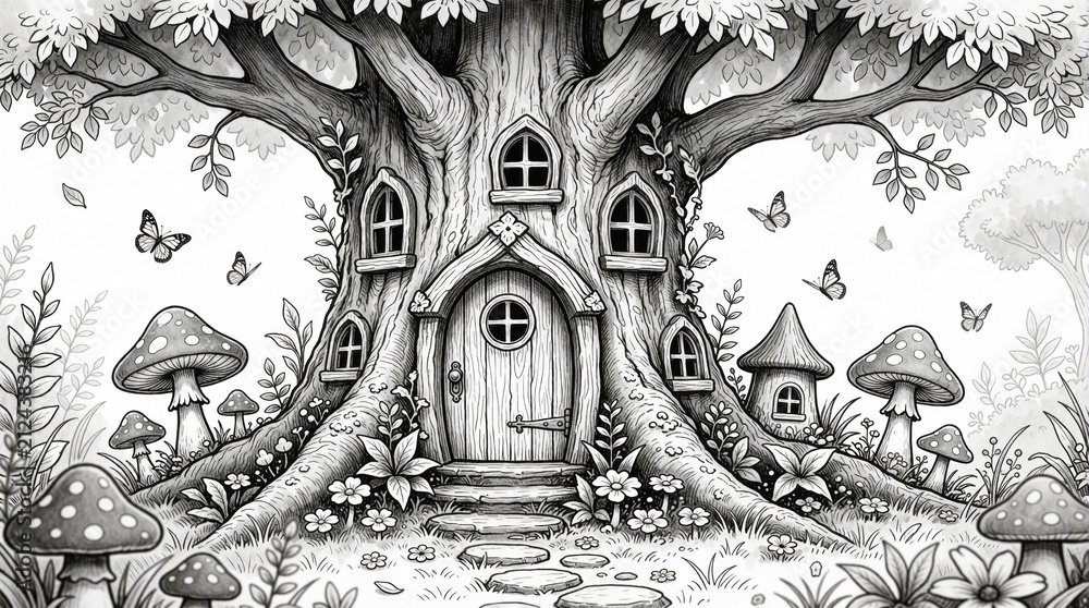 Fototapeta premium Black and white illustration of a whimsical forest treehouse with doors and windows. Butterflies fly around mushrooms and flowers. Intricate nature scene suitable for children.