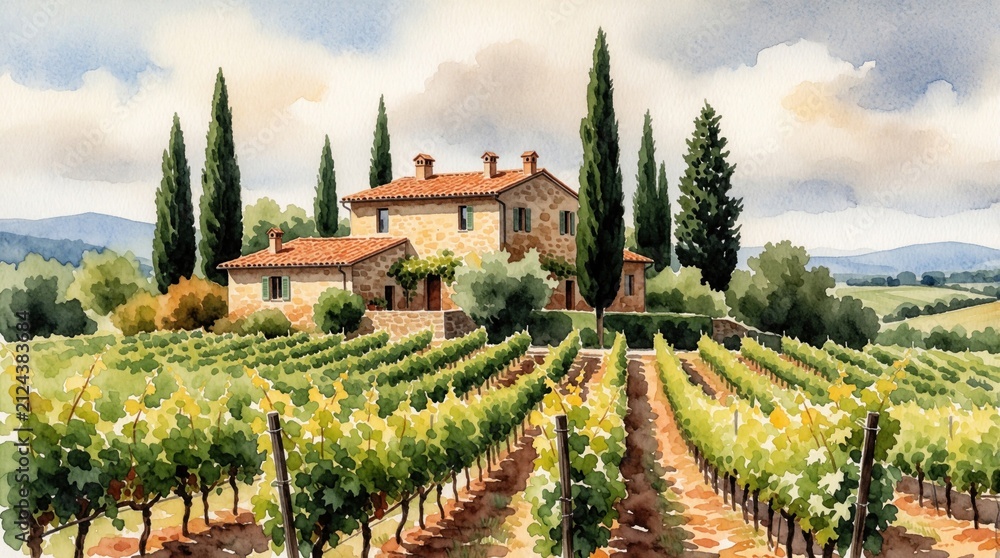 Naklejka premium Vineyard estate with stone house, cypress trees. Rows of green grapevines stretch across rolling hills under cloudy sky. Rural landscape painting evokes peaceful countryside.