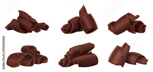 Set of chocolate shavings and curls on transparent background. Realistic illustration of dessert decoration for bakery design, confectionery packaging and food themes. High quality and resolution