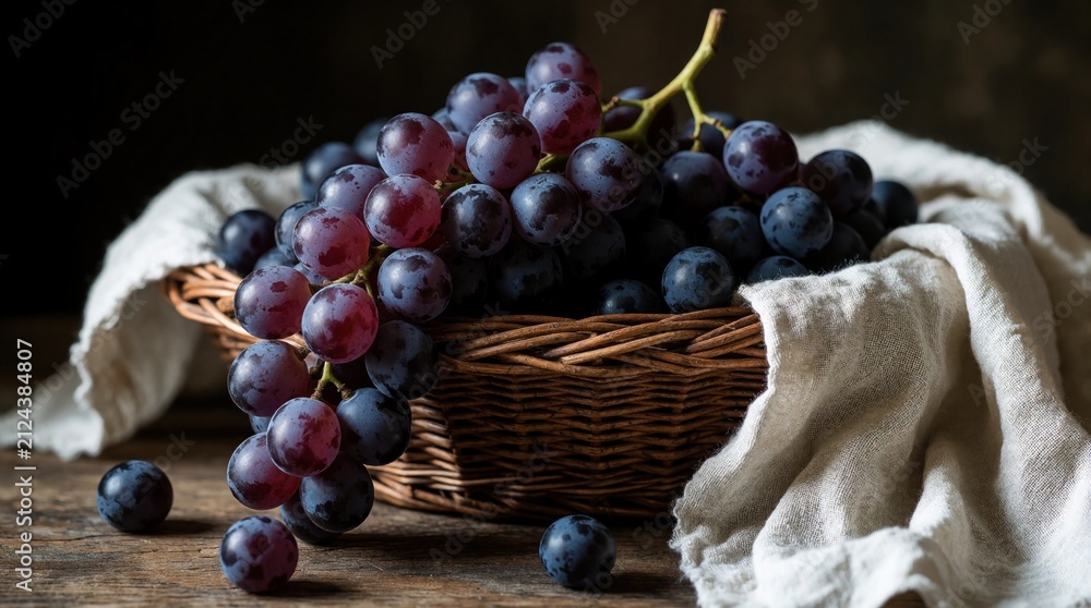 Naklejka premium Fresh dark grapes inside rustic wicker basket on wooden table. Juicy ripe berries spill out onto white linen cloth in kitchen. Natural harvest produce sits in bowl. Healthy organic food for winery