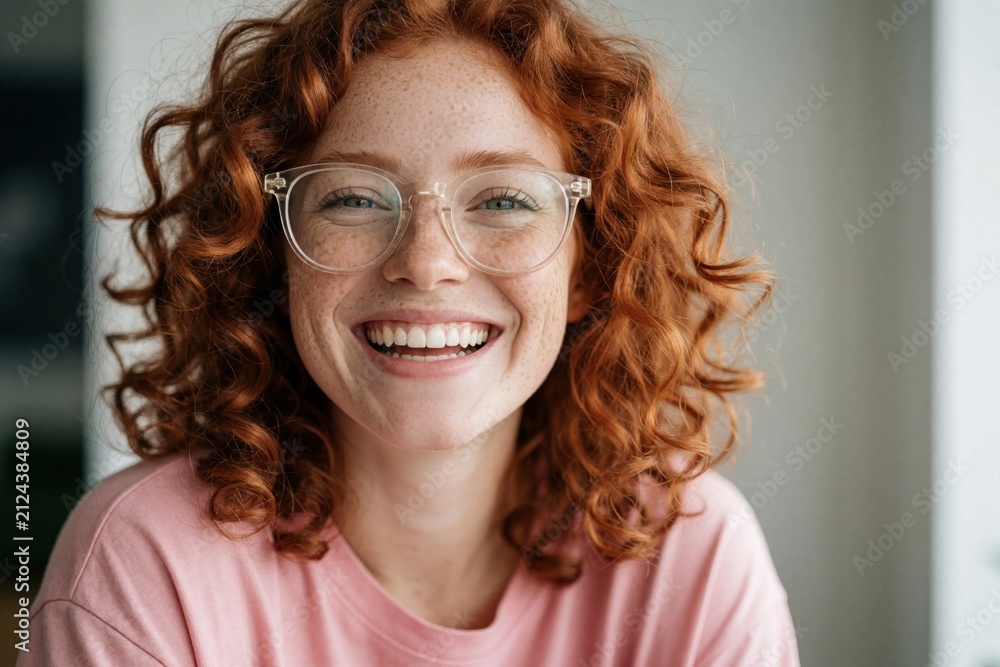 Obraz premium Young woman with ginger curly hair, freckles wears glasses. Happy lady smiles at camera during closeup portrait shot. Cheerful girl with natural skin, transparent eyewear expresses joy, positive