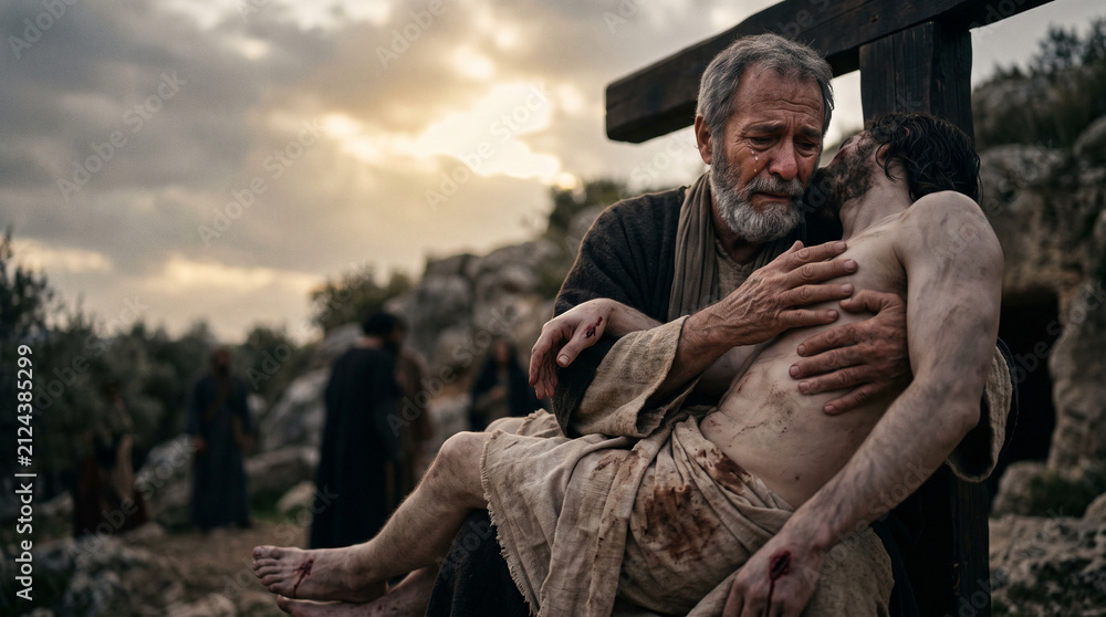 Obraz premium Joseph of Arimathea holding the body of Jesus after the crucifixion. Biblical scene depicting the burial of Christ. Dramatic religious imagery of grief, sacrifice and faith.