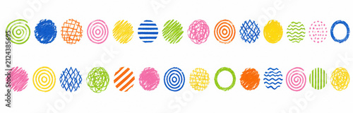 Colorful crayon and brush stroke circles with textured paint effects, featuring hand-drawn dots, sketchy lines, and artistic doodle elements. Vector illustration.