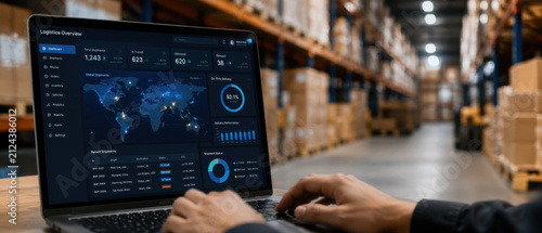 Logistics manager dashboard on a laptop beside warehouse shelves and boxes, analyzing inventory, supply chain, and distribution data for monitoring storage and business operations.