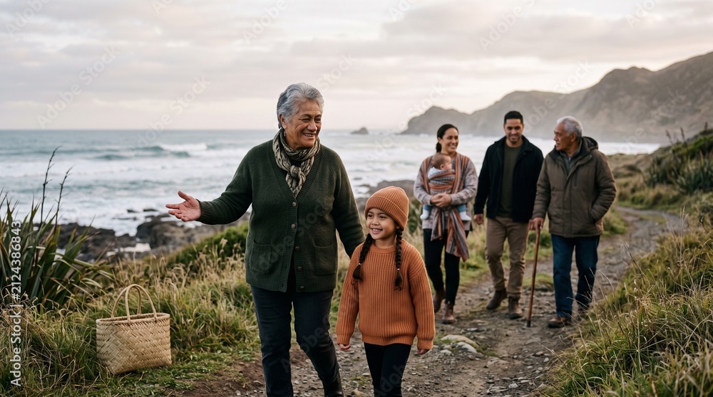 Fototapeta premium Maori family continues te reo Maori on a coastal walk