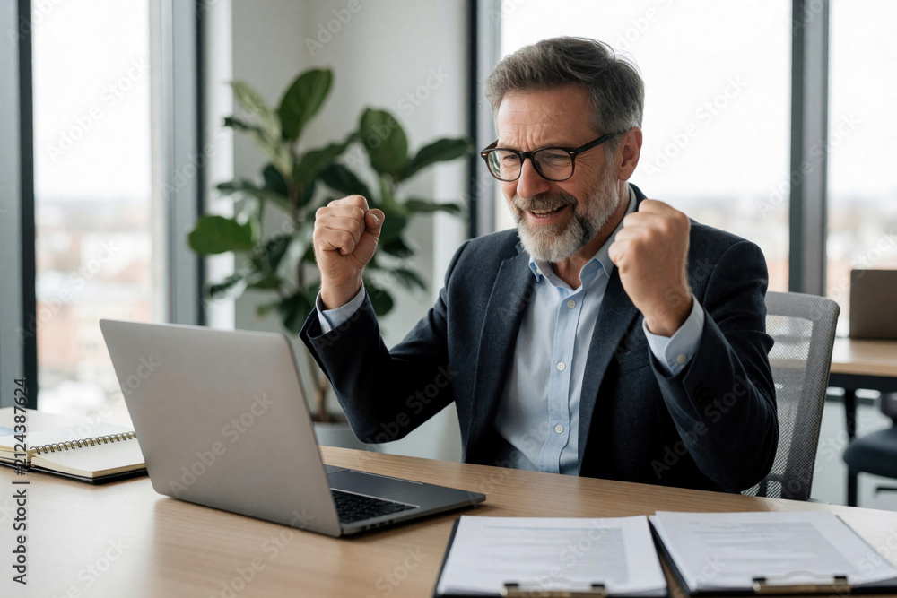 Obraz premium Mature businessman sits at office desk with laptop. Happy man celebrates financial success victory screaming with joy. Pro male investor works on corporate goals. Excited senior ceo achieves digital