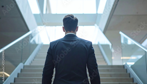 Business man in suit standing on stairs looking up at bright light in a modern corporate office building interior