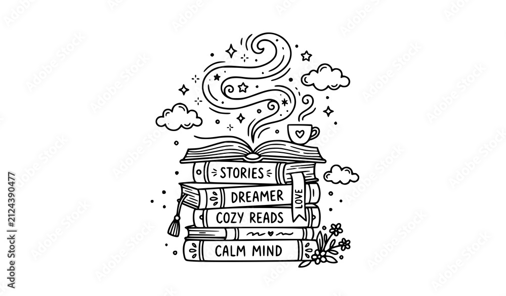 Obraz premium Cozy Book Pile with Coffee Steam Inspired Doodle Vector Line Art Design