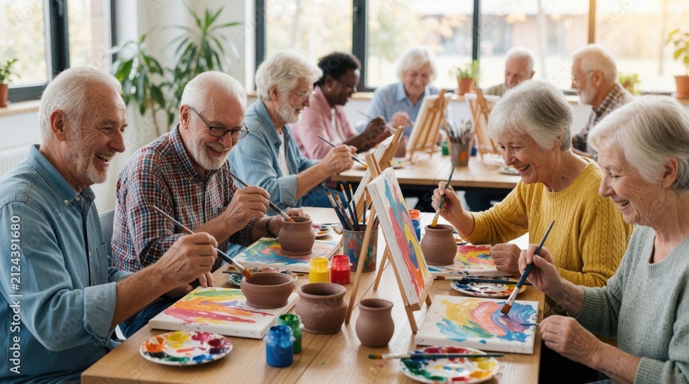 Obraz premium Happy senior friends paint on canvas, decorate pottery at community art class. Elderly group enjoys creative leisure activity together indoors. Retired men, women smile learn craft skill in wellness